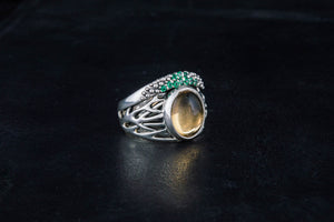 Ring with Citrine and Green Cubic Zirconia Sterling Silver Jewelry - vikingworkshop