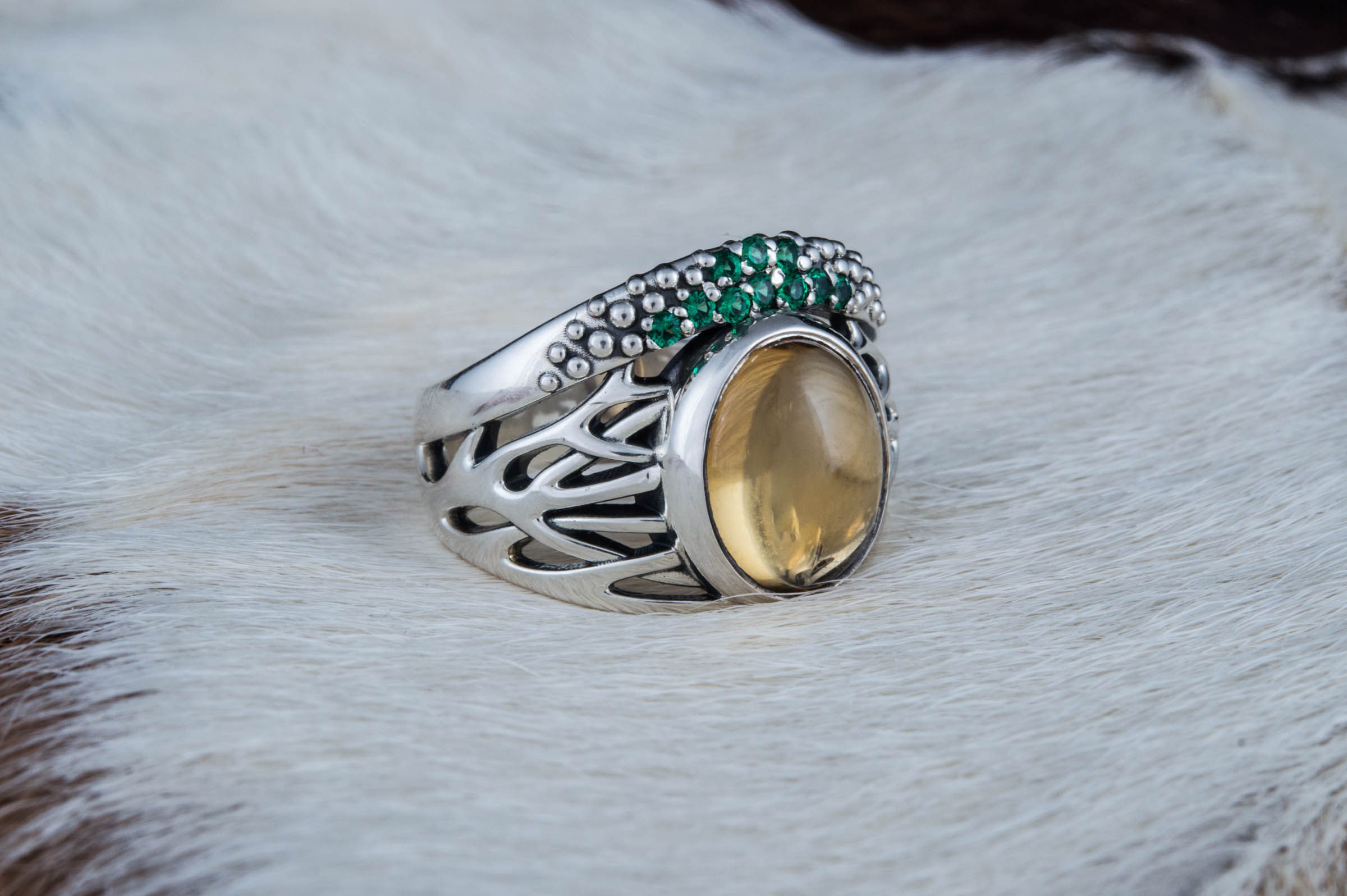 Ring with Citrine and Green Cubic Zirconia Sterling Silver Jewelry - vikingworkshop