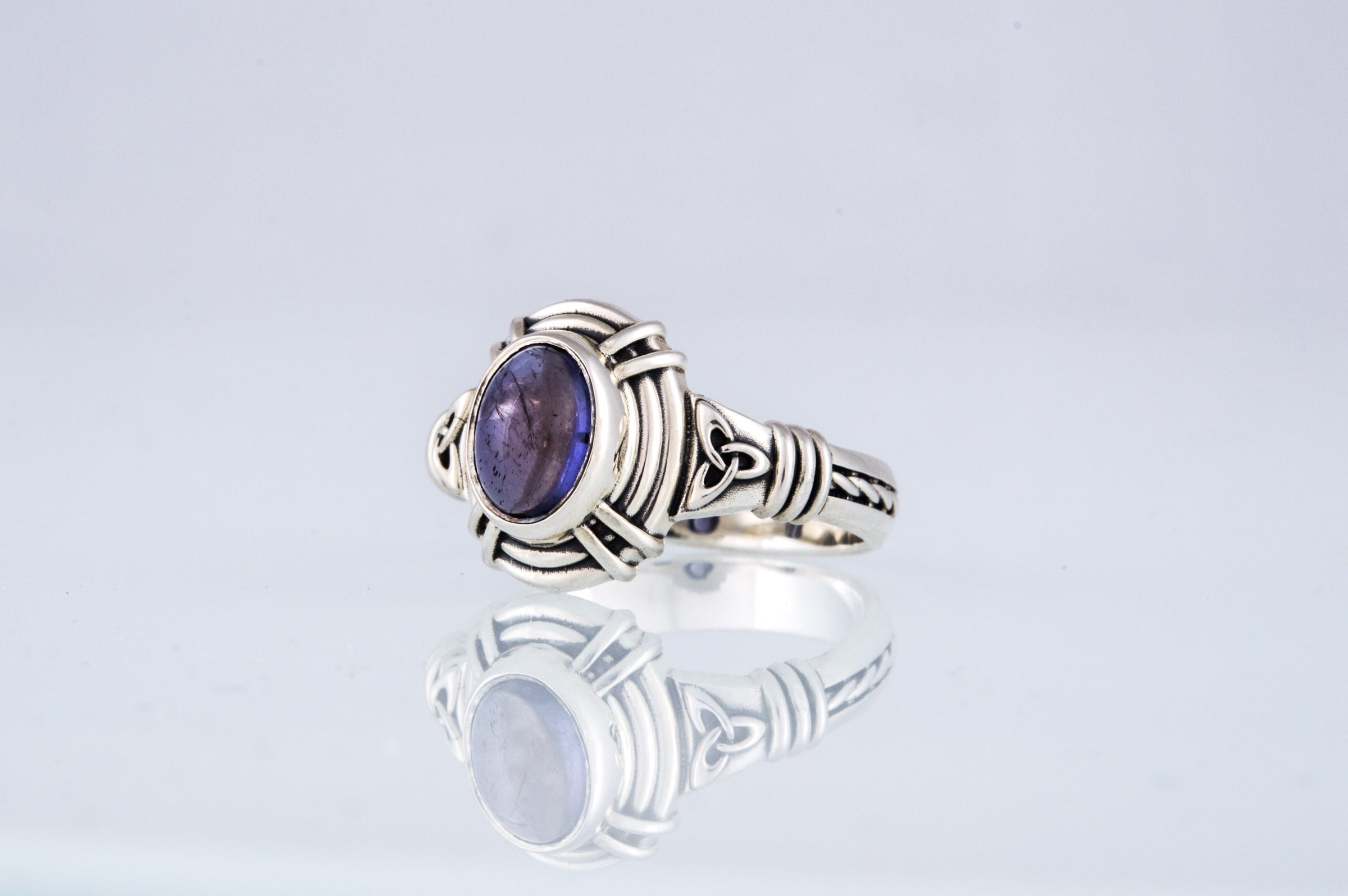 Ring with Triquetra Symbol and Iolite gem Sterling silver handmade Jewelry - vikingworkshop