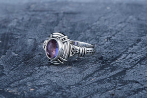 Ring with Triquetra Symbol and Iolite gem Sterling silver handmade Jewelry - vikingworkshop