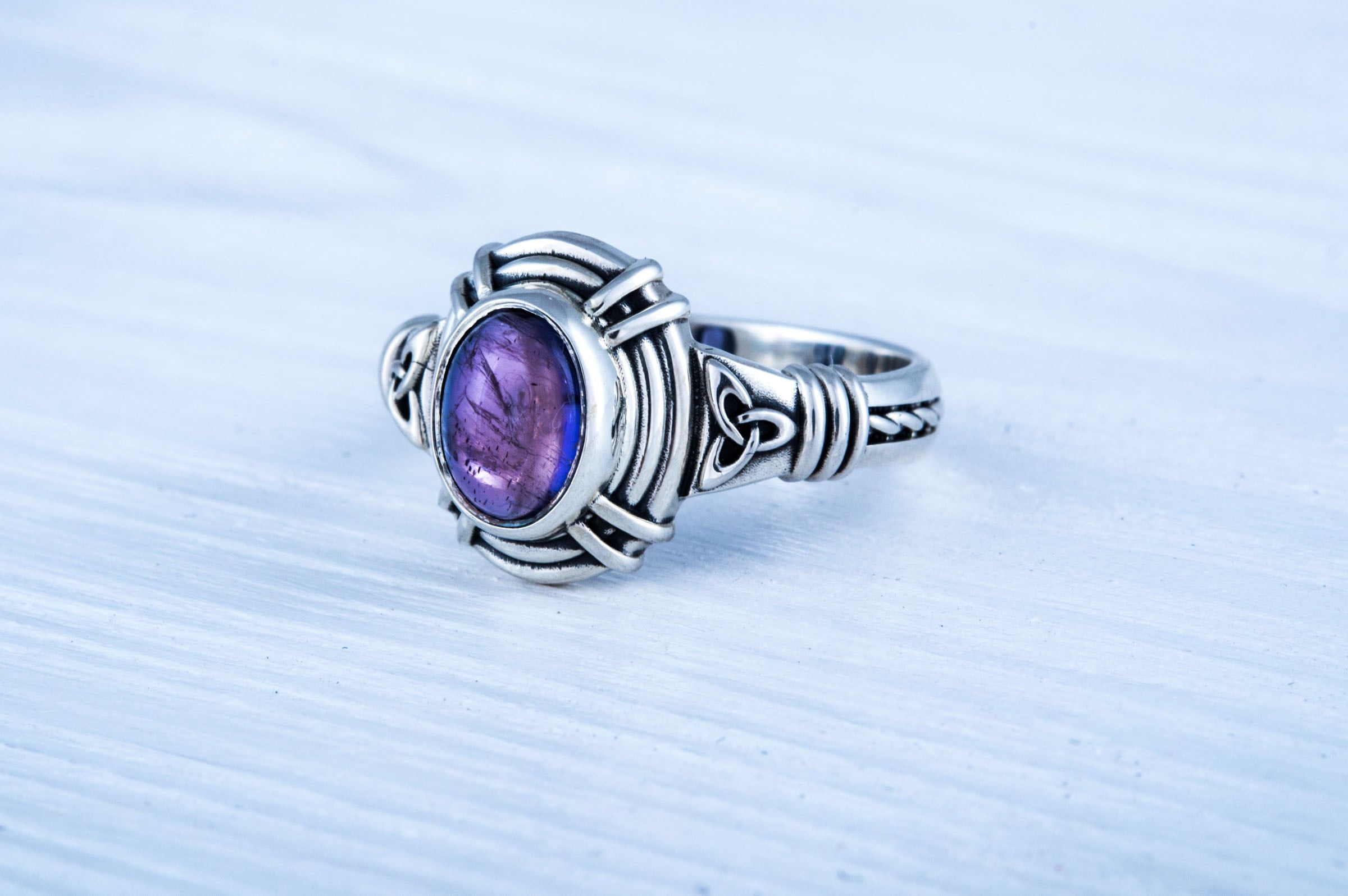 Ring with Triquetra Symbol and Iolite gem Sterling silver handmade Jewelry - vikingworkshop