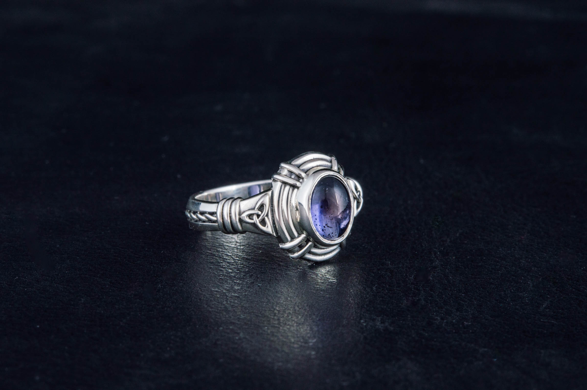 Ring with Triquetra Symbol and Iolite gem Sterling silver handmade Jewelry - vikingworkshop