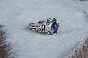 Ring with Triquetra Symbol and Iolite gem Sterling silver handmade Jewelry - vikingworkshop