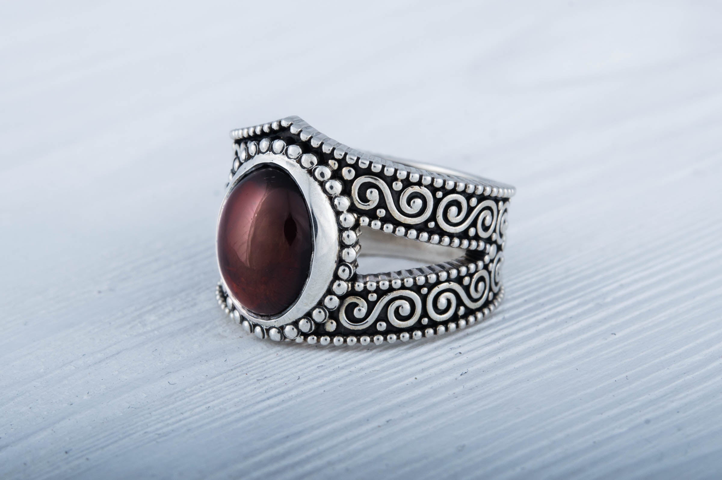 Ring with Garnet Sterling Silver Handmade Jewelry - vikingworkshop