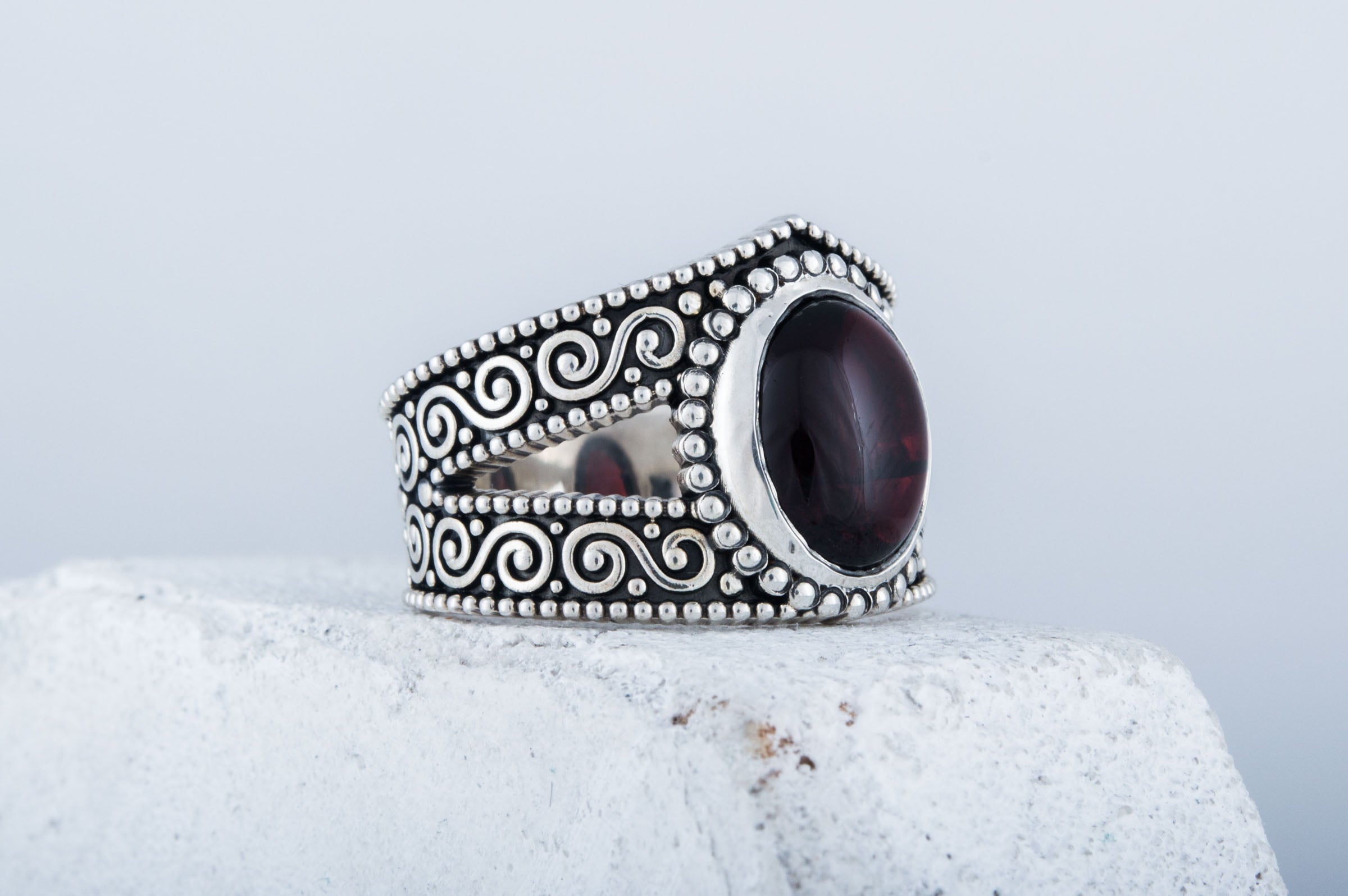 Ring with Garnet Sterling Silver Handmade Jewelry - vikingworkshop