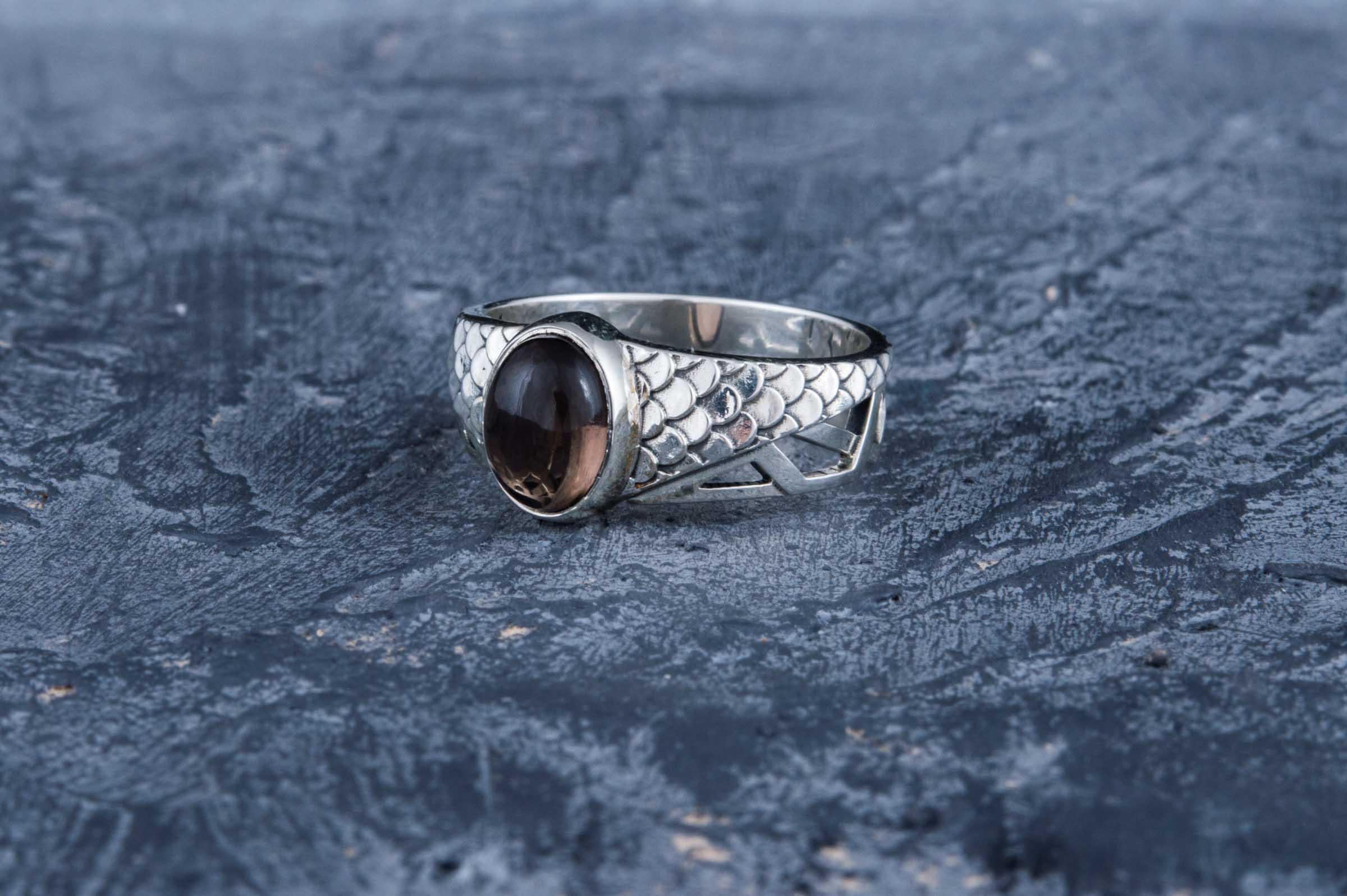 Ring with squama and Smoky Quartz gem Sterling silver handmade Jewelry - vikingworkshop