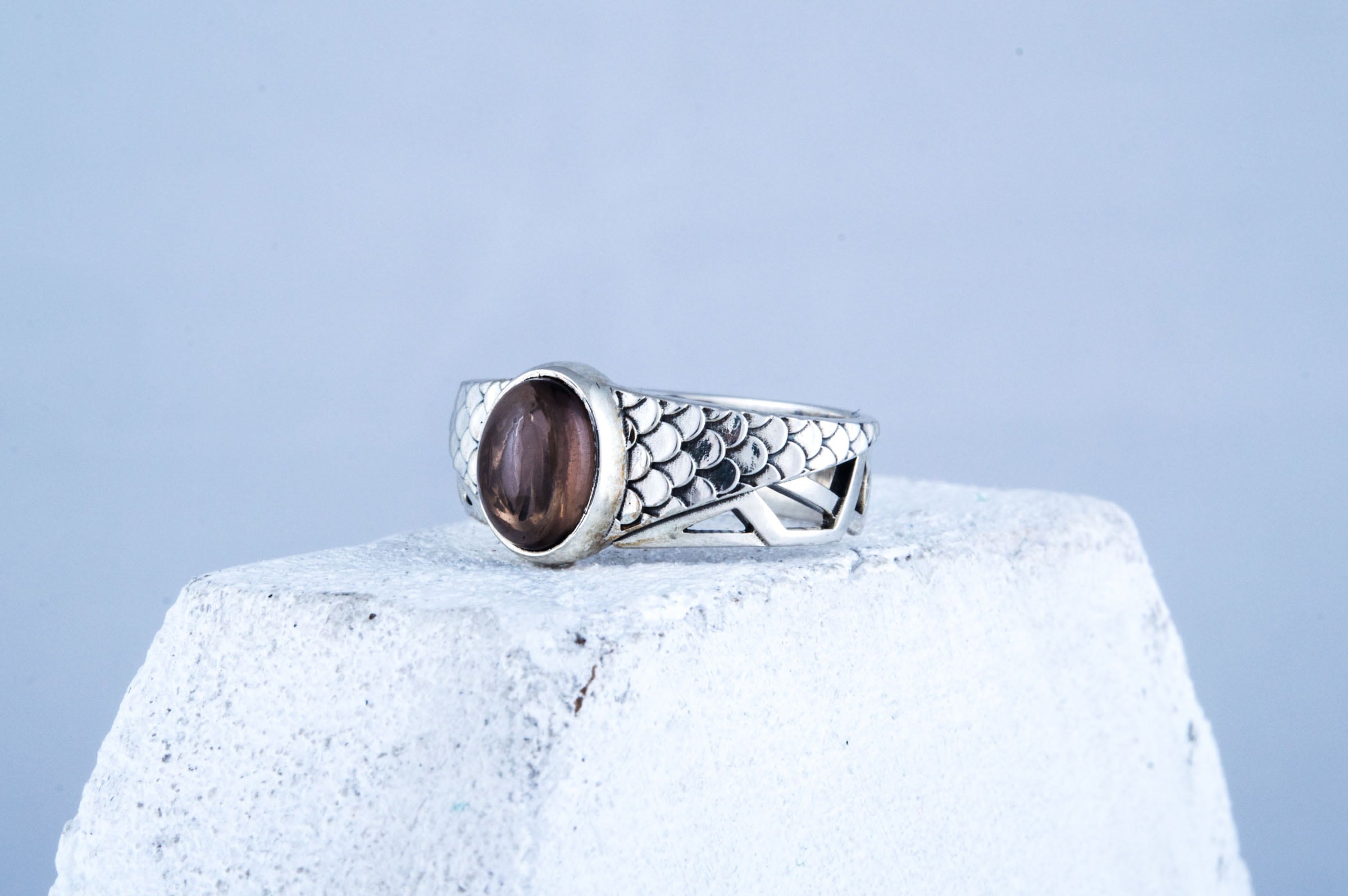 Ring with squama and Smoky Quartz gem Sterling silver handmade Jewelry - vikingworkshop