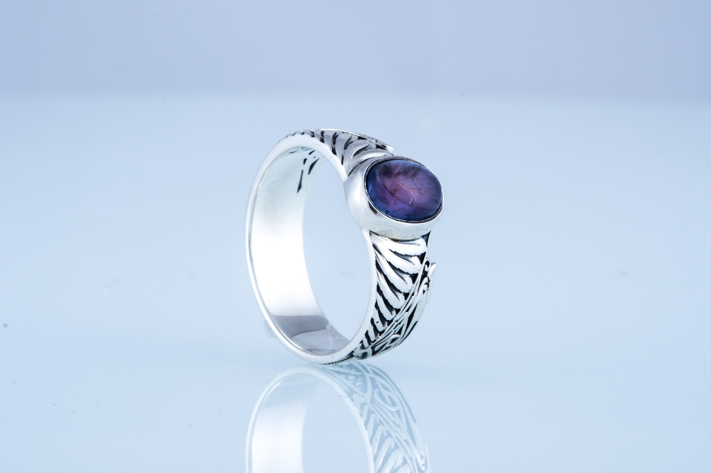 Ring with Feathers and Iolite gem Sterling silver handmade Jewelry - vikingworkshop