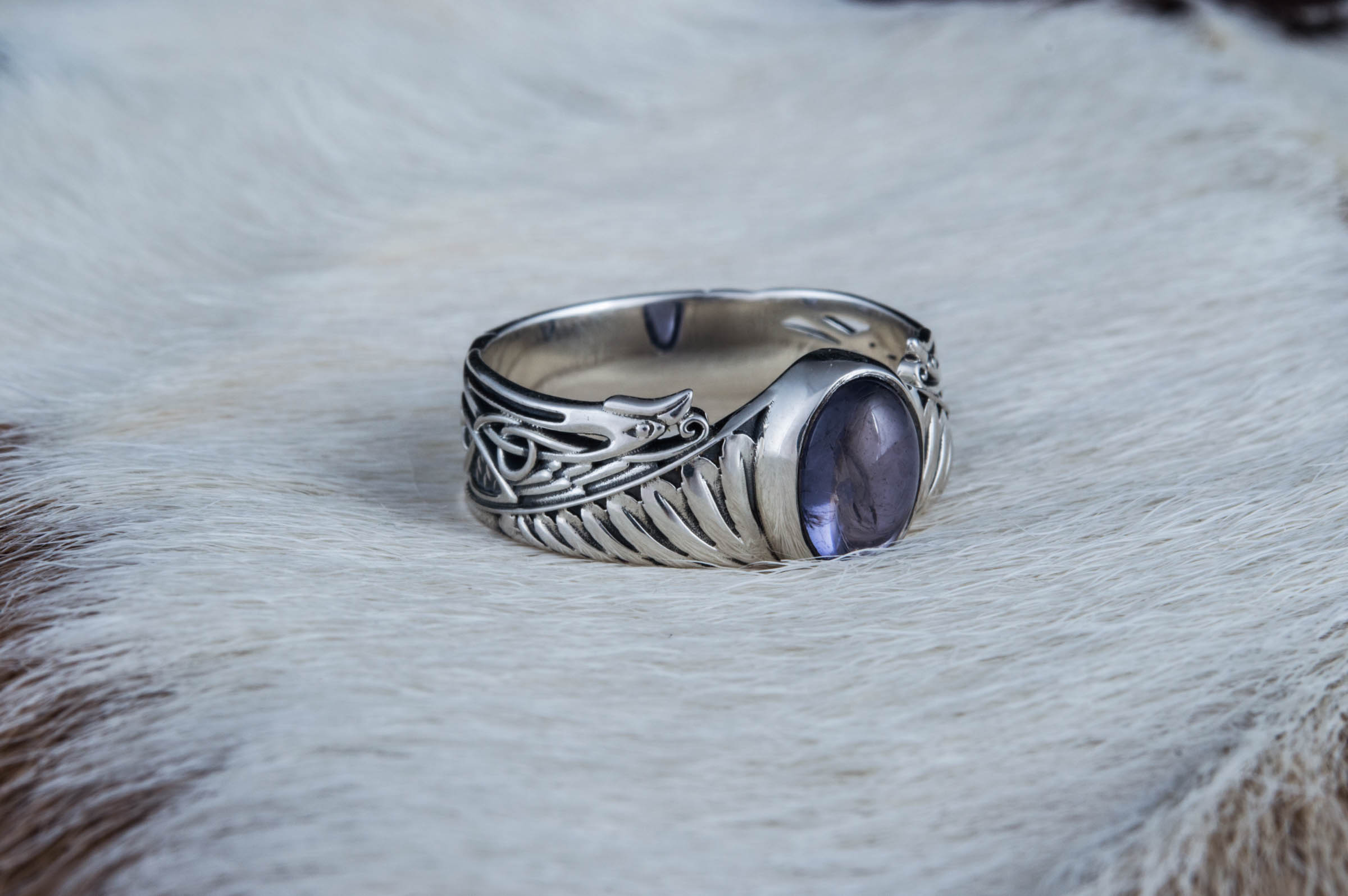 Ring with Feathers and Iolite gem Sterling silver handmade Jewelry - vikingworkshop