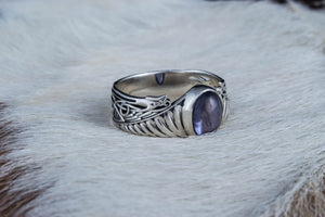 Ring with Feathers and Iolite gem Sterling silver handmade Jewelry - vikingworkshop