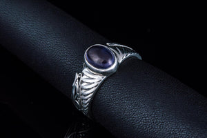 Ring with Feathers and Iolite gem Sterling silver handmade Jewelry - vikingworkshop