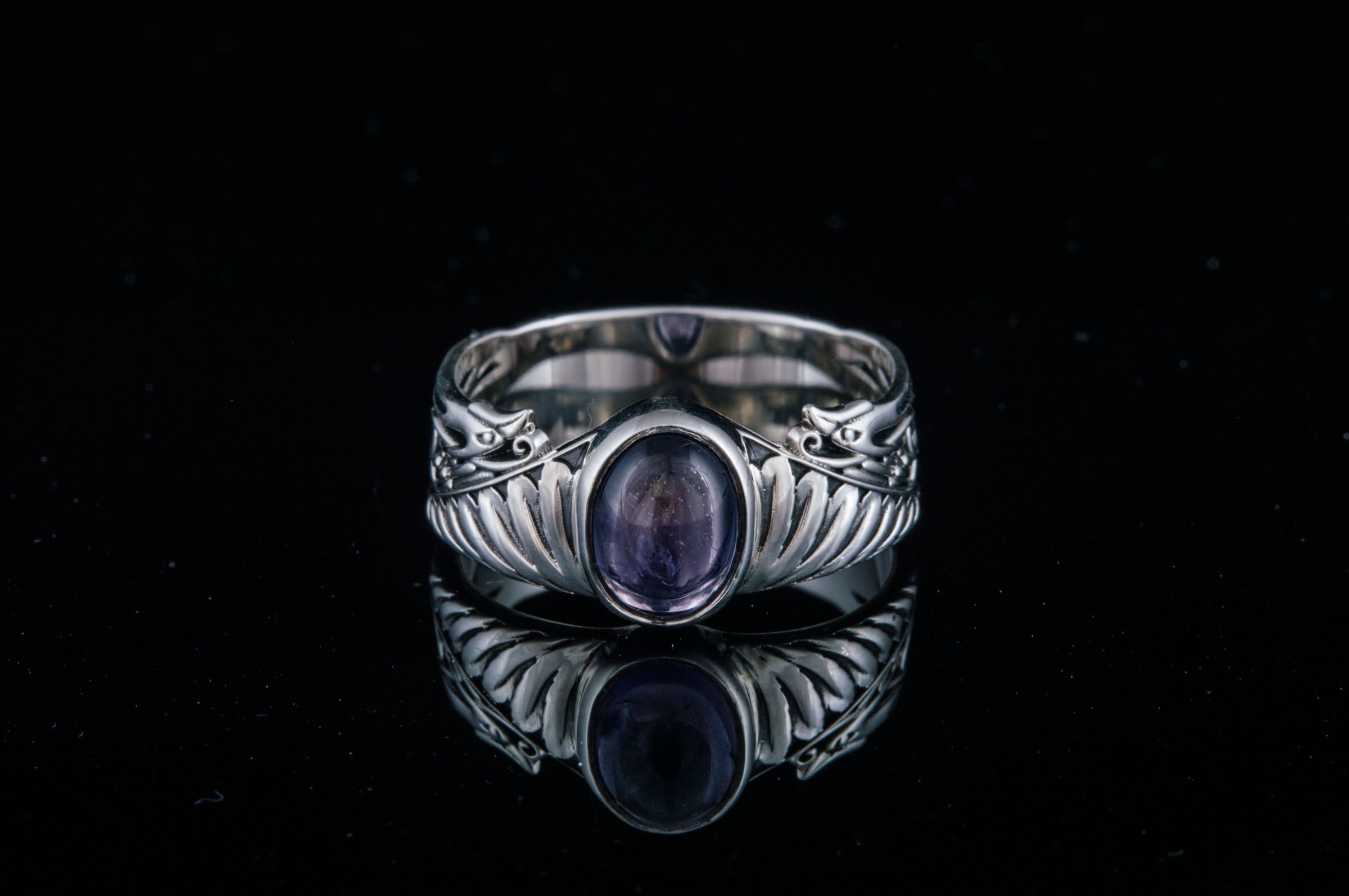 Ring with Feathers and Iolite gem Sterling silver handmade Jewelry - vikingworkshop