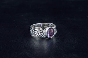 Ring with Feathers and Iolite gem Sterling silver handmade Jewelry - vikingworkshop