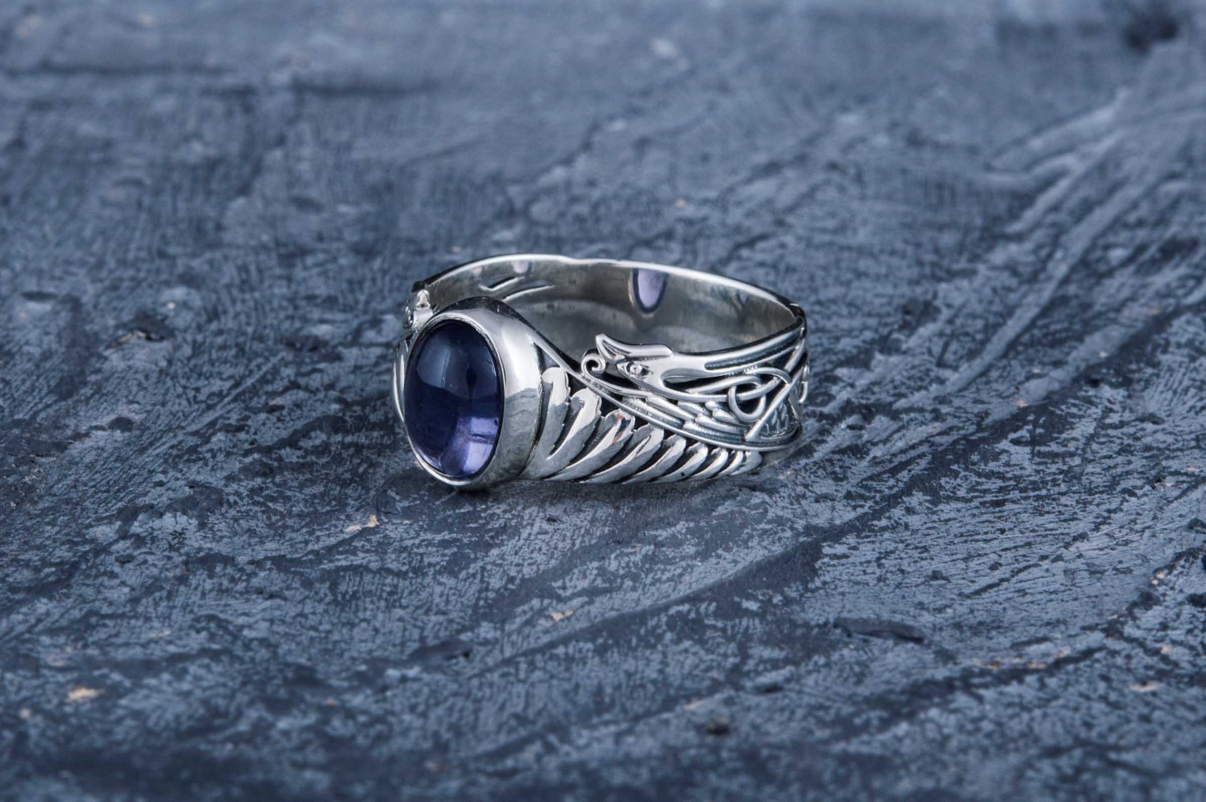 Ring with Feathers and Iolite gem Sterling silver handmade Jewelry - vikingworkshop