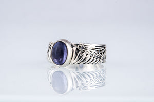 Ring with Feathers and Iolite gem Sterling silver handmade Jewelry - vikingworkshop