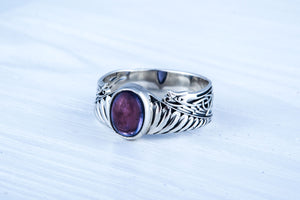 Ring with Feathers and Iolite gem Sterling silver handmade Jewelry - vikingworkshop