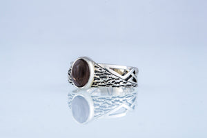 Ring with Tree bark and Smoky quartz gem Sterling silver handmade Jewelry V02 - vikingworkshop