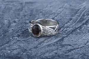 Ring with Tree bark and Smoky quartz gem Sterling silver handmade Jewelry V02 - vikingworkshop