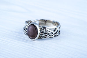 Ring with Tree bark and Smoky quartz gem Sterling silver handmade Jewelry V02 - vikingworkshop