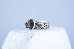 Ring with Tree bark and Smoky quartz gem Sterling silver handmade Jewelry V02 - vikingworkshop