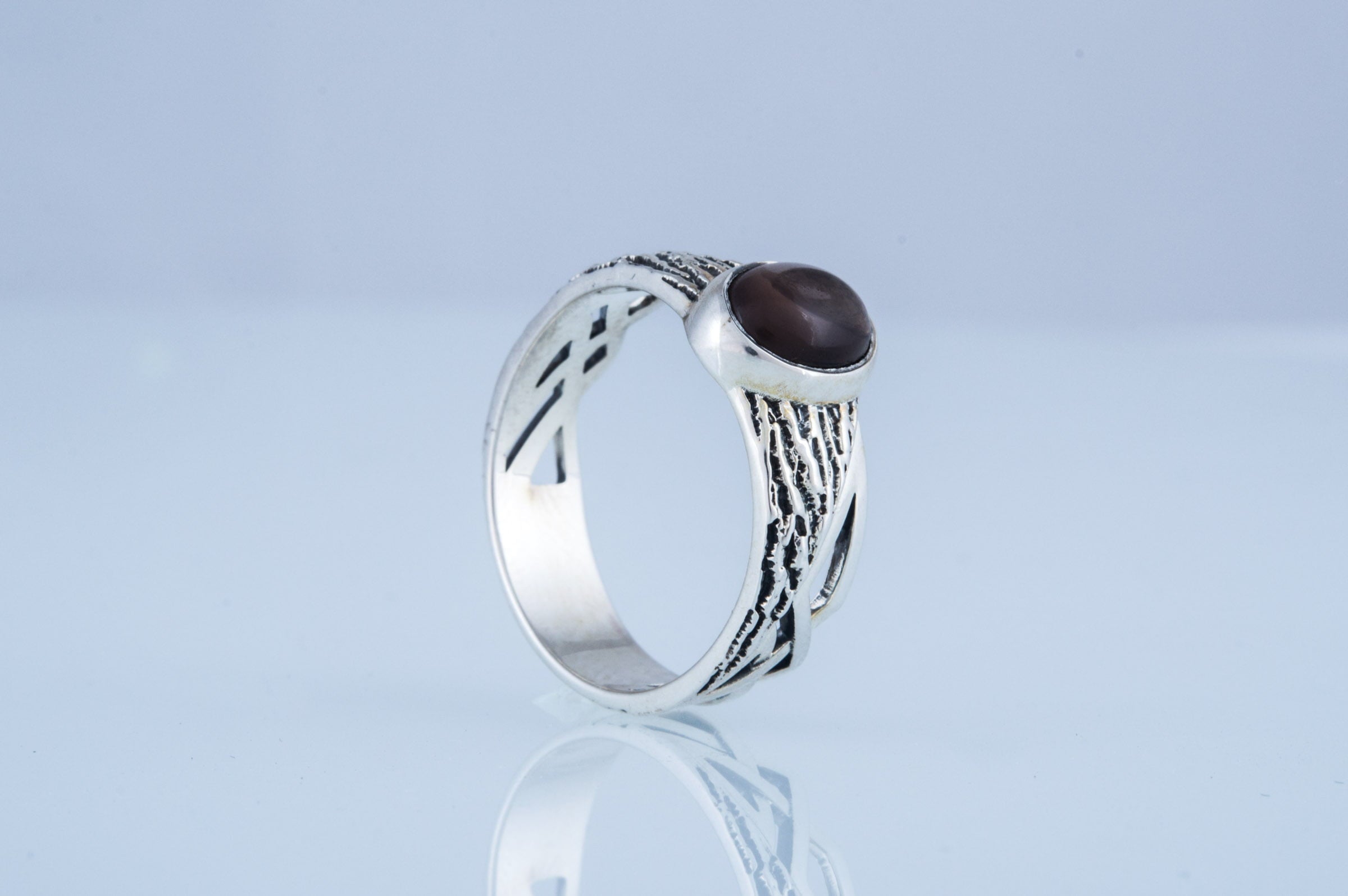 Ring with Tree bark and Smoky quartz gem Sterling silver handmade Jewelry V02 - vikingworkshop