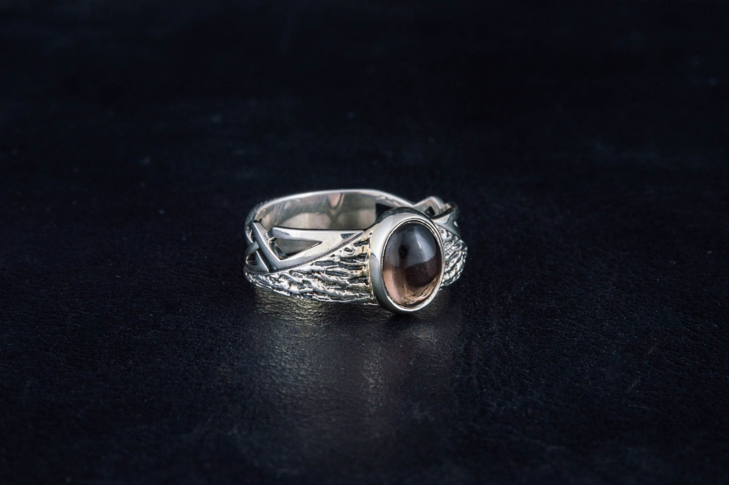 Ring with Tree bark and Smoky quartz gem Sterling silver handmade Jewelry V02 - vikingworkshop