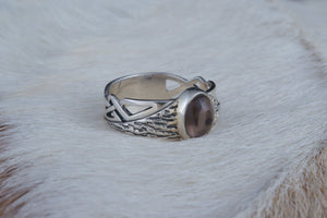 Ring with Tree bark and Smoky quartz gem Sterling silver handmade Jewelry V02 - vikingworkshop