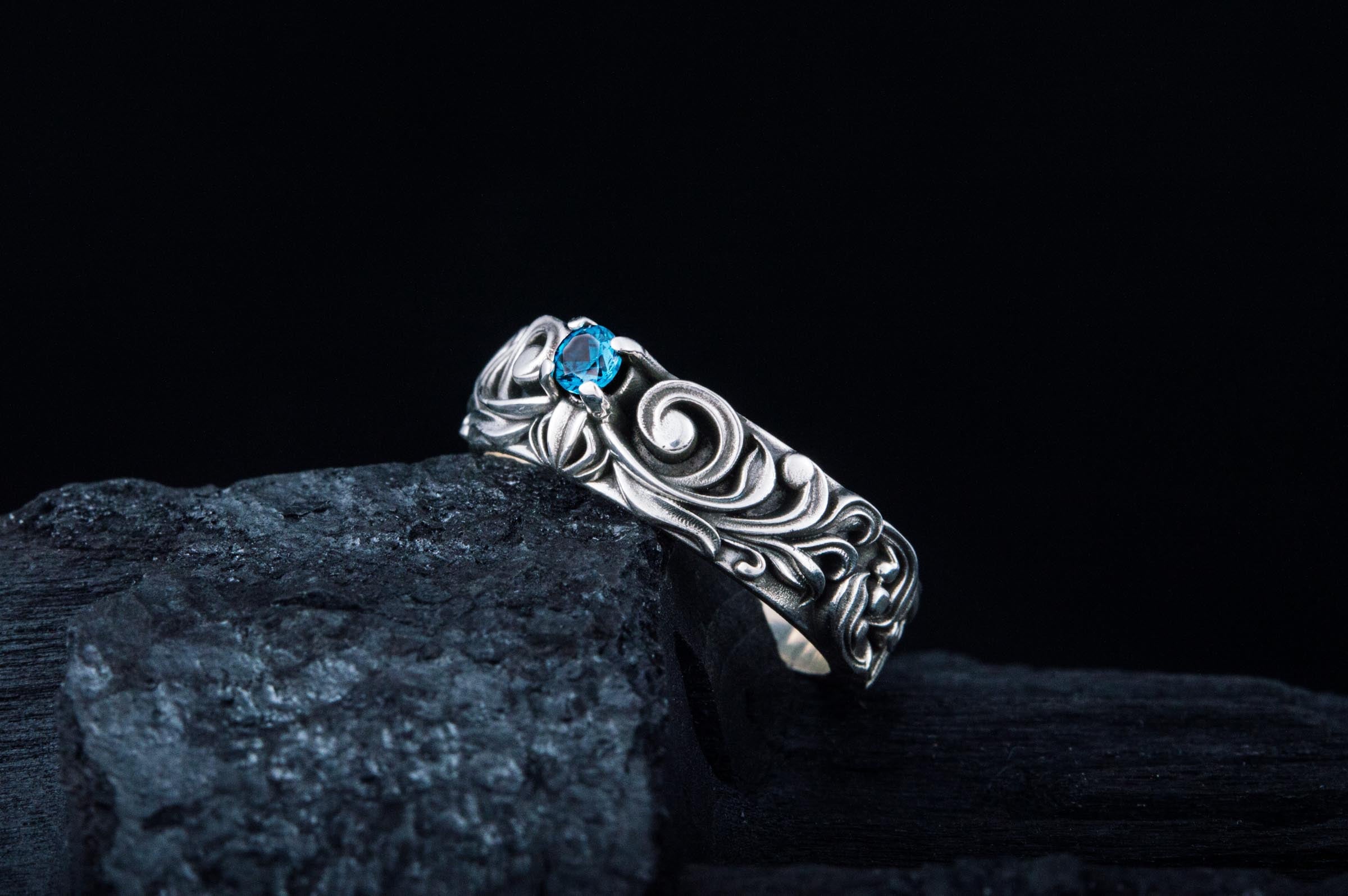 Handmade Fashion RIng with Blue Cubic Zirconia Sterling Silver Jewelry - vikingworkshop