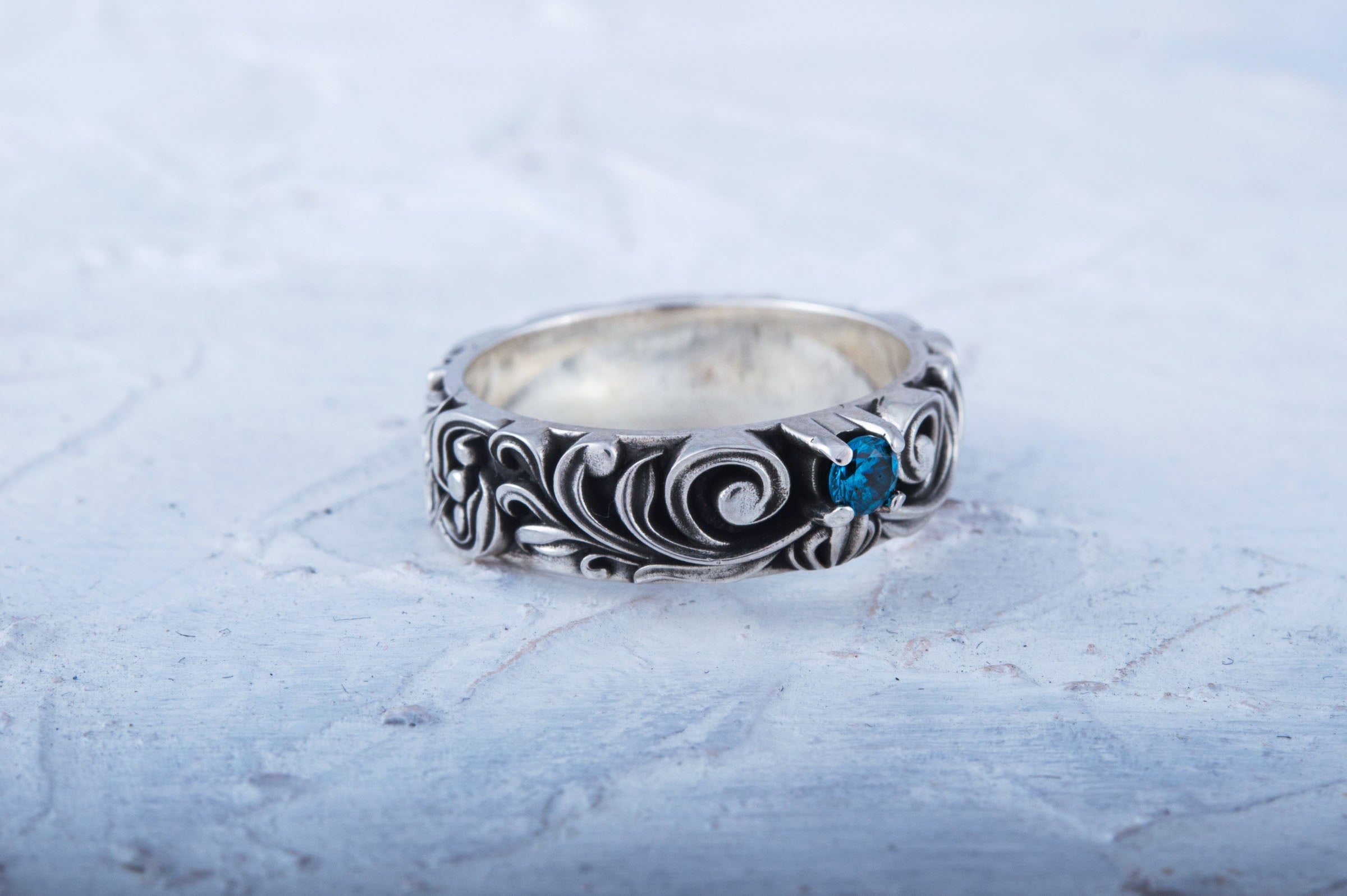 Handmade Fashion RIng with Blue Cubic Zirconia Sterling Silver Jewelry - vikingworkshop