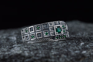 Ring with Green CZ and Ornament Sterling Silver Fashion Jewelry - vikingworkshop