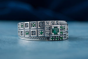 Ring with Green CZ and Ornament Sterling Silver Fashion Jewelry - vikingworkshop