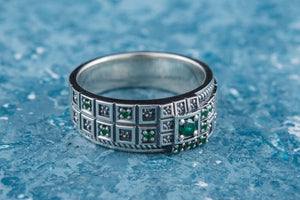 Ring with Green CZ and Ornament Sterling Silver Fashion Jewelry - vikingworkshop