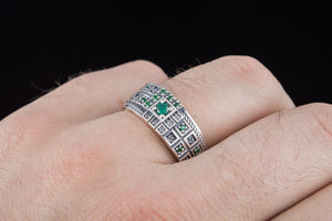 Ring with Green CZ and Ornament Sterling Silver Fashion Jewelry - vikingworkshop