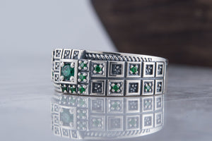 Ring with Green CZ and Ornament Sterling Silver Fashion Jewelry - vikingworkshop