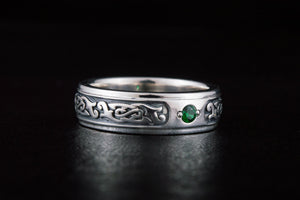 Ring with Green Gem and Ornament Sterling Silver Fashion Jewelry - vikingworkshop