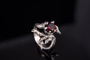 Sterling Silver Tree Branch with Garnet Ring, Handmade Fashion Jewelry - vikingworkshop