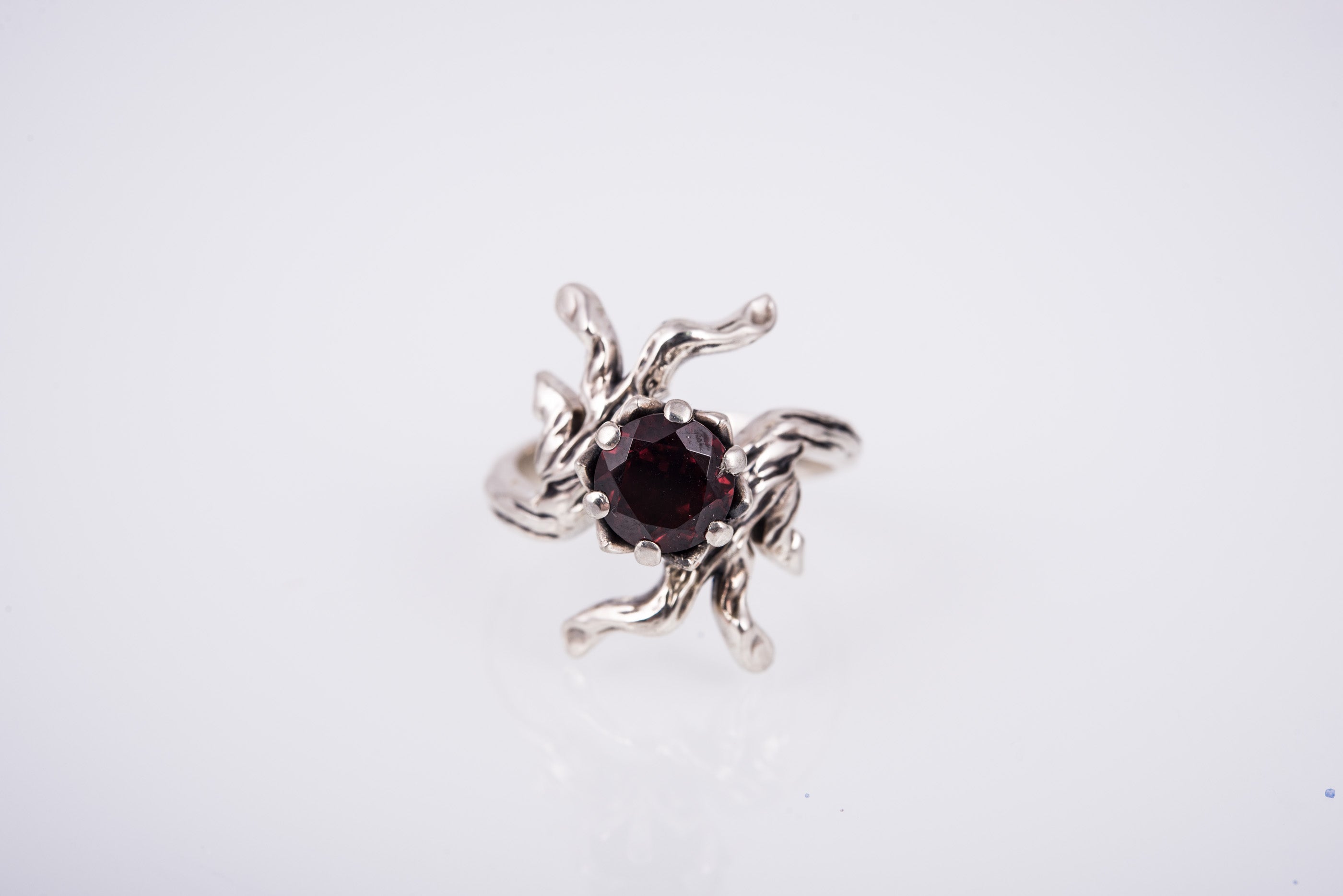 Sterling Silver Tree Branch with Garnet Ring, Handmade Fashion Jewelry - vikingworkshop