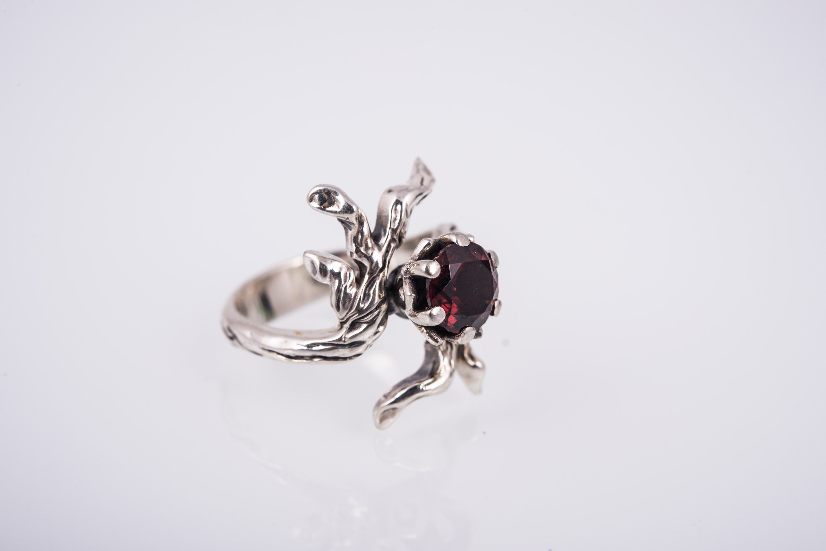 Sterling Silver Tree Branch with Garnet Ring, Handmade Fashion Jewelry - vikingworkshop