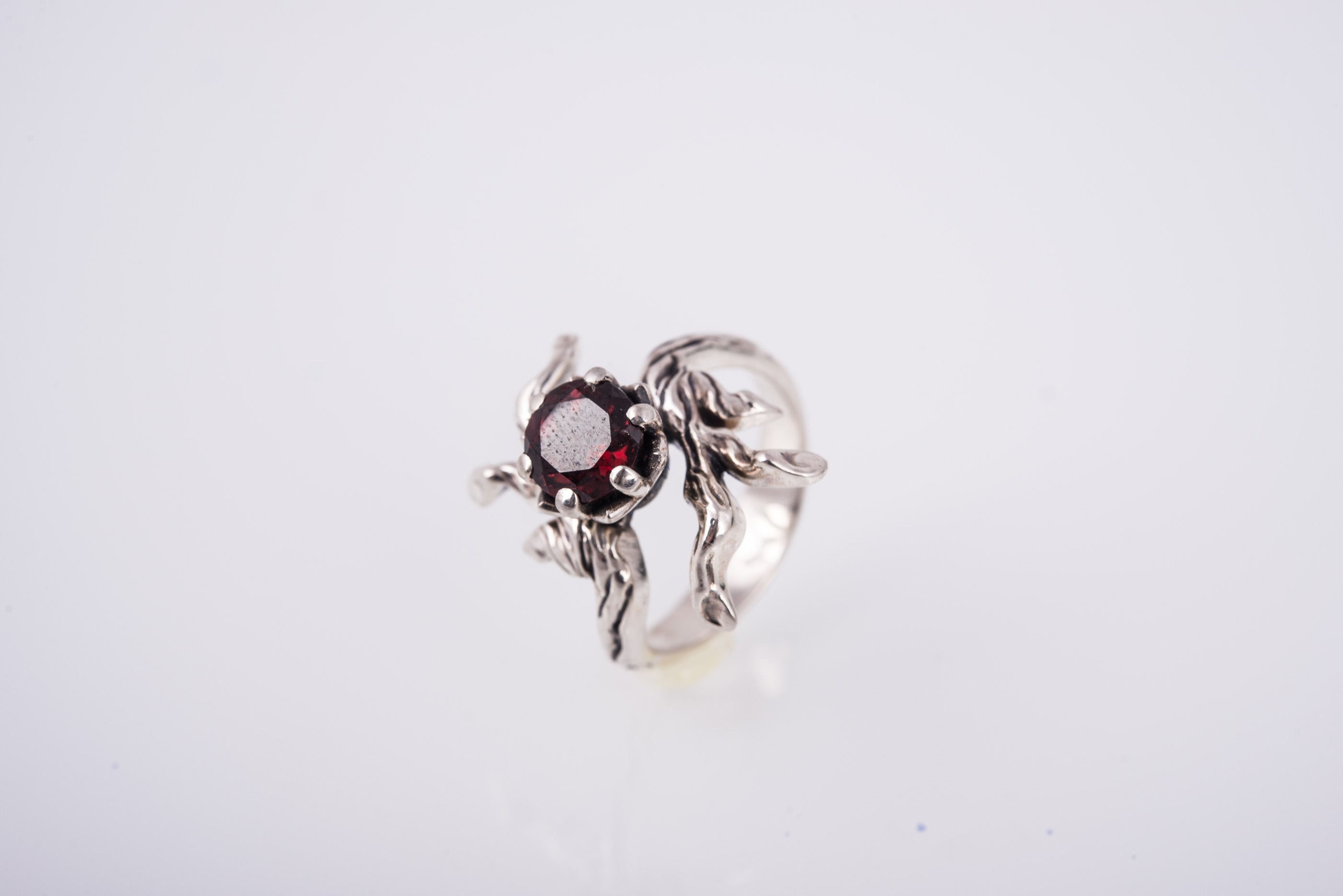 Sterling Silver Tree Branch with Garnet Ring, Handmade Fashion Jewelry - vikingworkshop