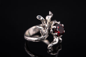 Sterling Silver Tree Branch with Garnet Ring, Handmade Fashion Jewelry - vikingworkshop