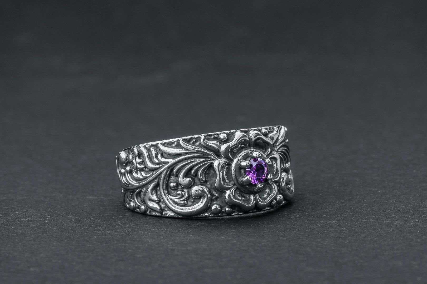 Baroque Ornament Purple Gem Ring 925 Silver - vikingworkshop