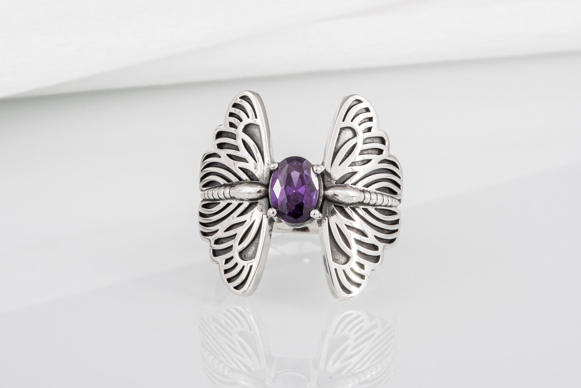 Sterling silver handcrafted Butterfly ring with purple gem, unique fashion jewelry - vikingworkshop