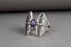 Sterling silver handcrafted Butterfly ring with purple gem, unique fashion jewelry - vikingworkshop