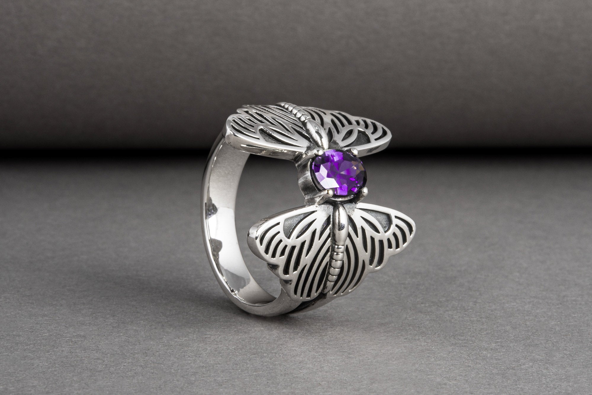 Sterling silver handcrafted Butterfly ring with purple gem, unique fashion jewelry - vikingworkshop