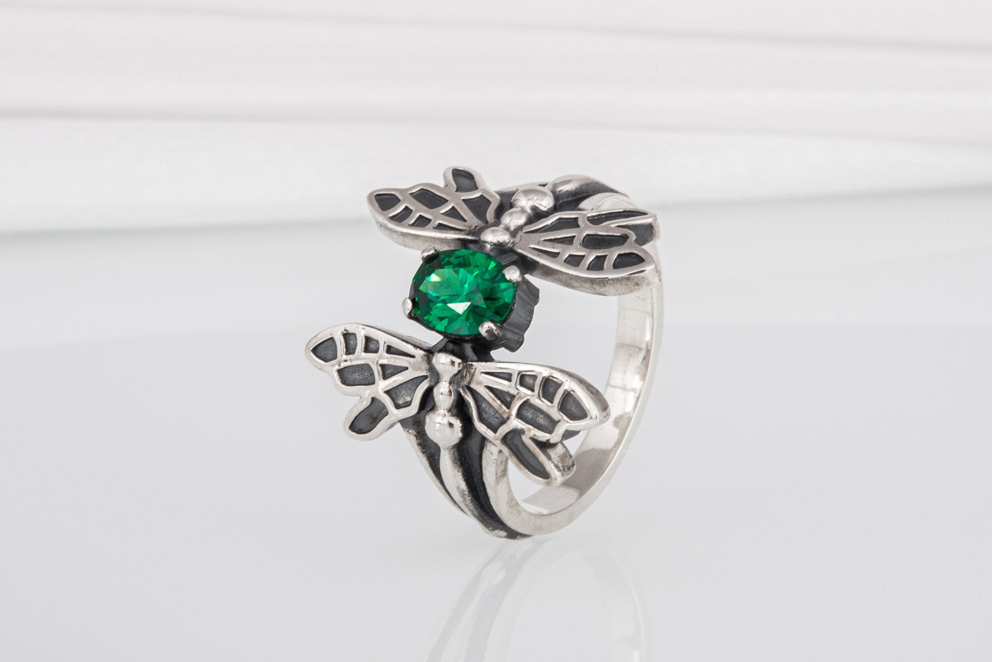 Unique 925 Silver Dragonfly Ring With Green Gem, Handcrafted Jewelry - vikingworkshop