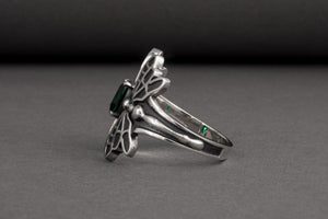 Unique 925 Silver Dragonfly Ring With Green Gem, Handcrafted Jewelry - vikingworkshop