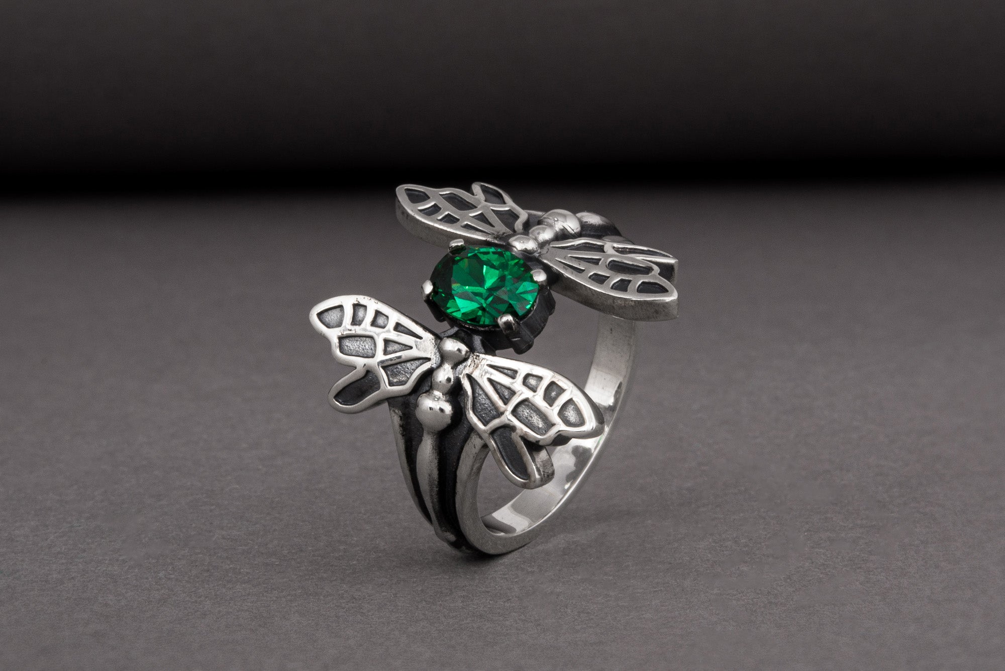 Unique 925 Silver Dragonfly Ring With Green Gem, Handcrafted Jewelry - vikingworkshop