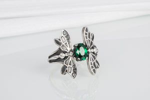 Unique 925 Silver Dragonfly Ring With Green Gem, Handcrafted Jewelry - vikingworkshop