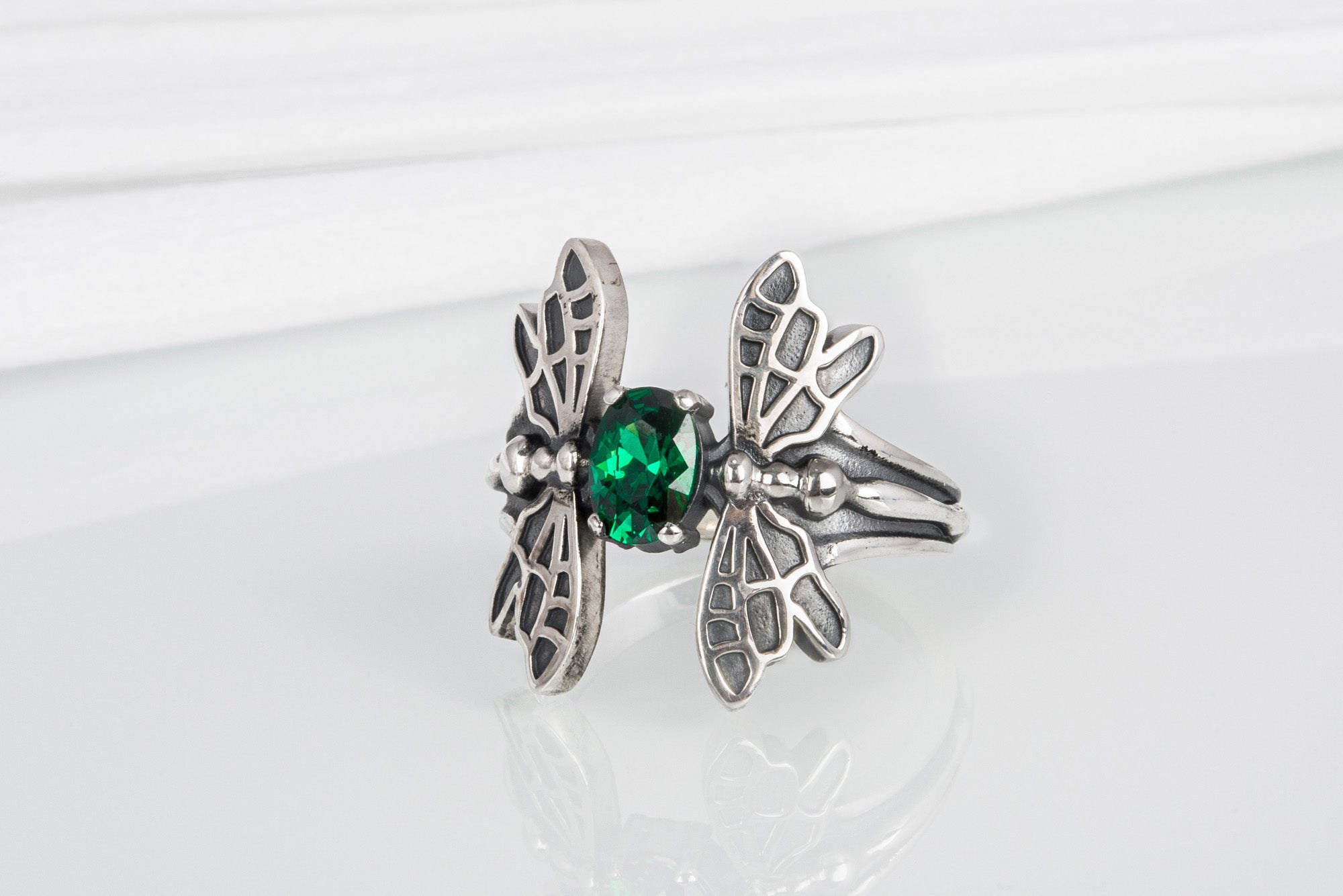 Unique 925 Silver Dragonfly Ring With Green Gem, Handcrafted Jewelry - vikingworkshop