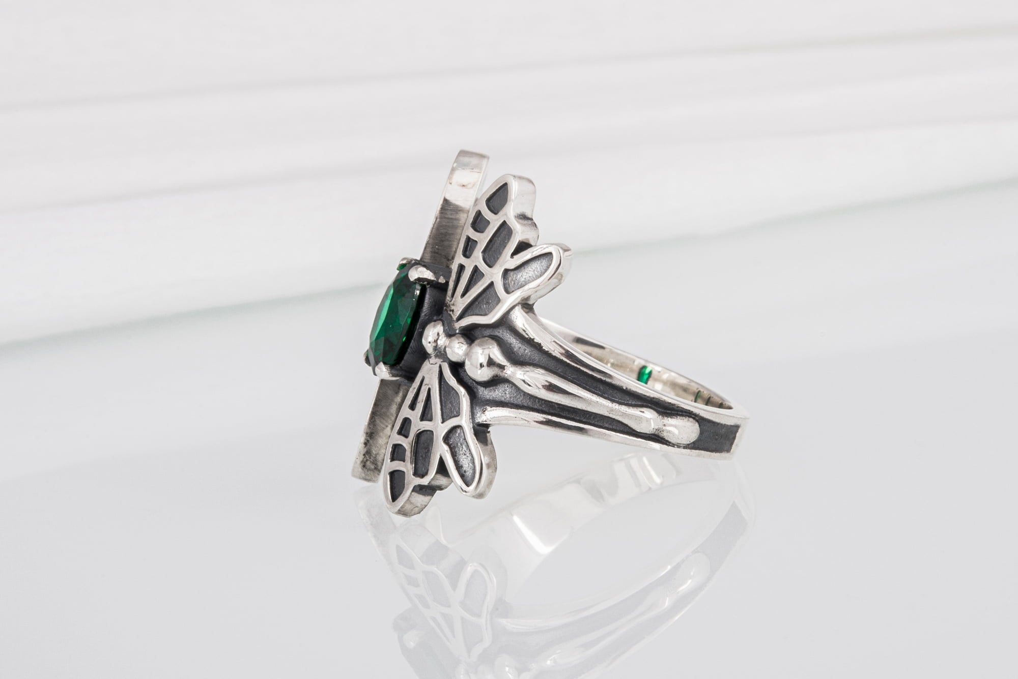 Unique 925 Silver Dragonfly Ring With Green Gem, Handcrafted Jewelry - vikingworkshop